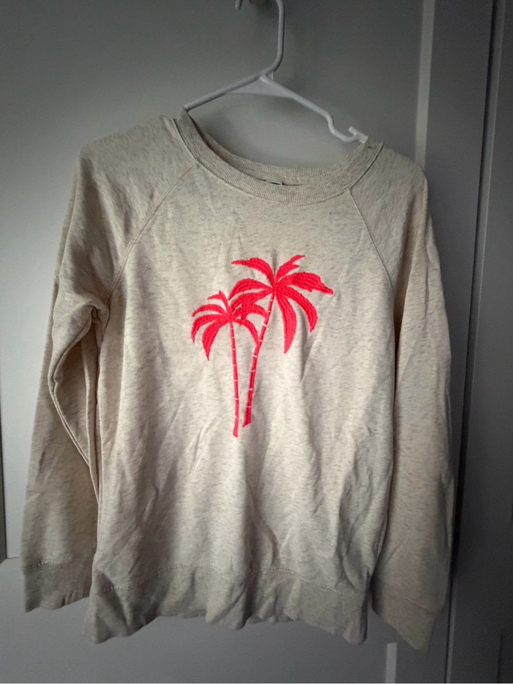 Old Navy Cream Sweatshirt Neon Pink Palm Trees Fall Tropical Transitional xs